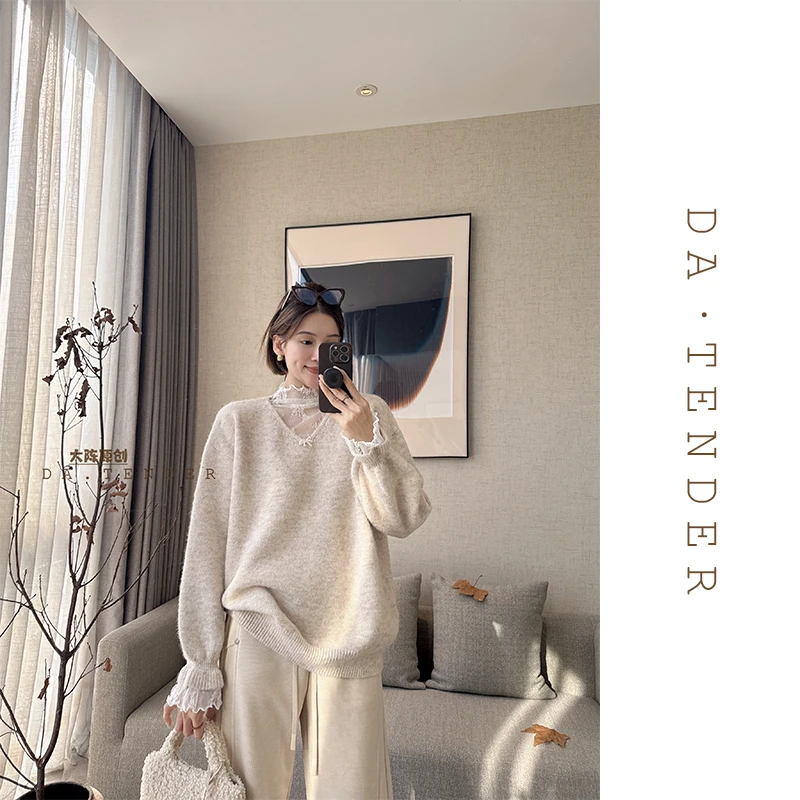 DA·Tender-“法甜塔浪漫蕾丝毛衣”冬季时尚简约纯色法式温柔