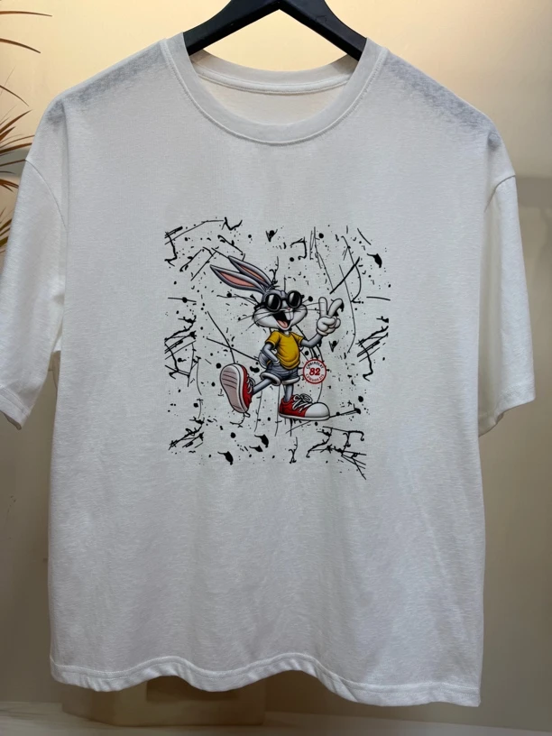 5789新款夏季宽松卡通兔图案圆领套头百搭短袖T恤