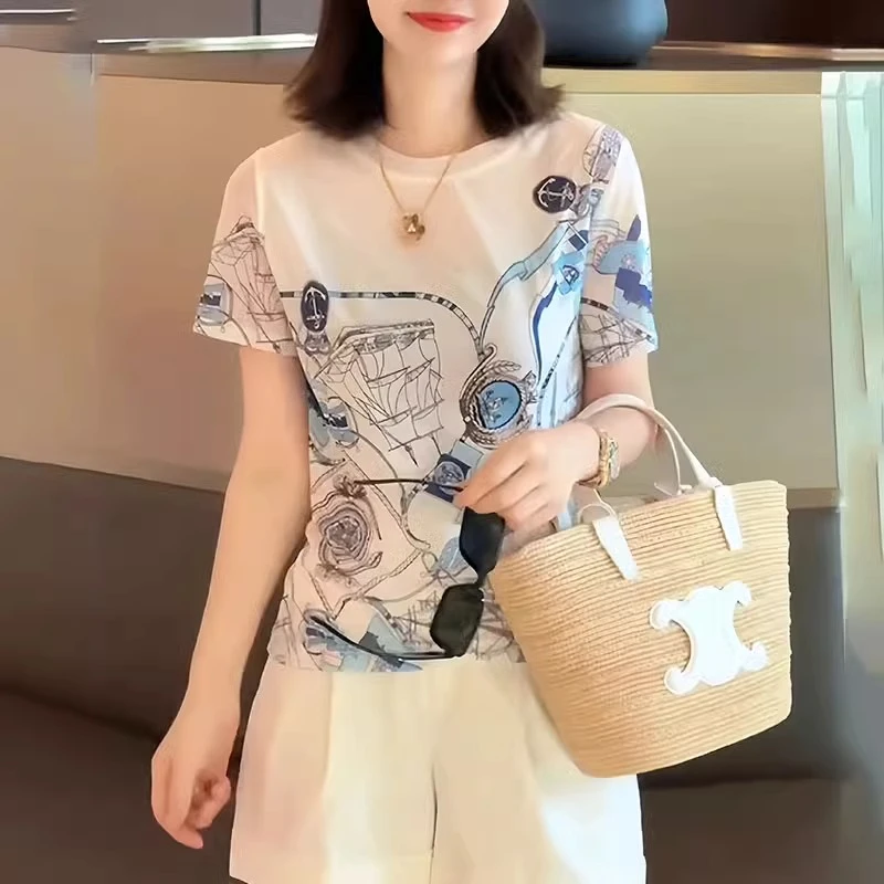 女士印花短袖t恤夏季2025新款时尚显瘦洋气减龄休闲网纱雪纺上衣