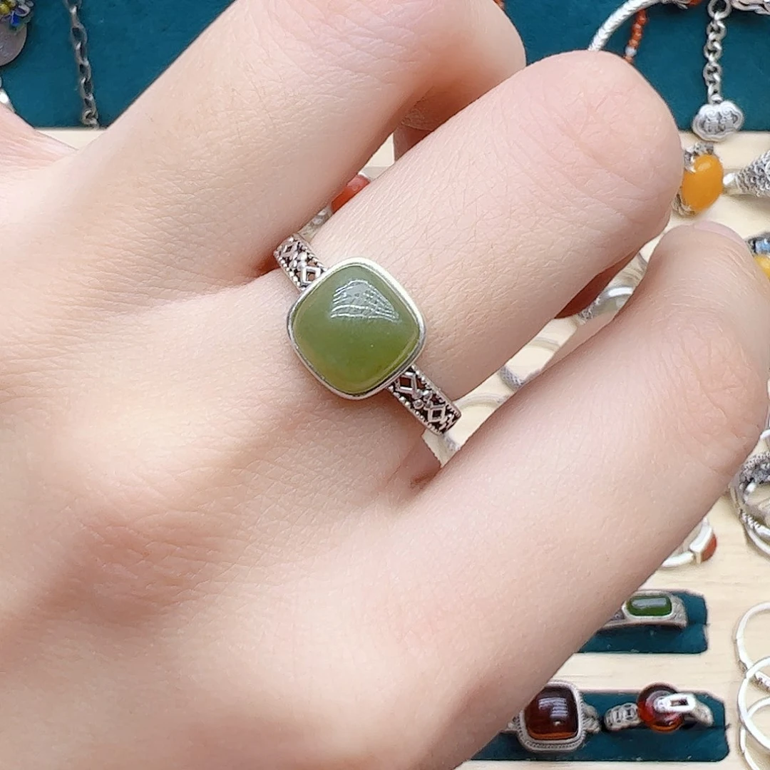 和田玉戒指银S925镶嵌