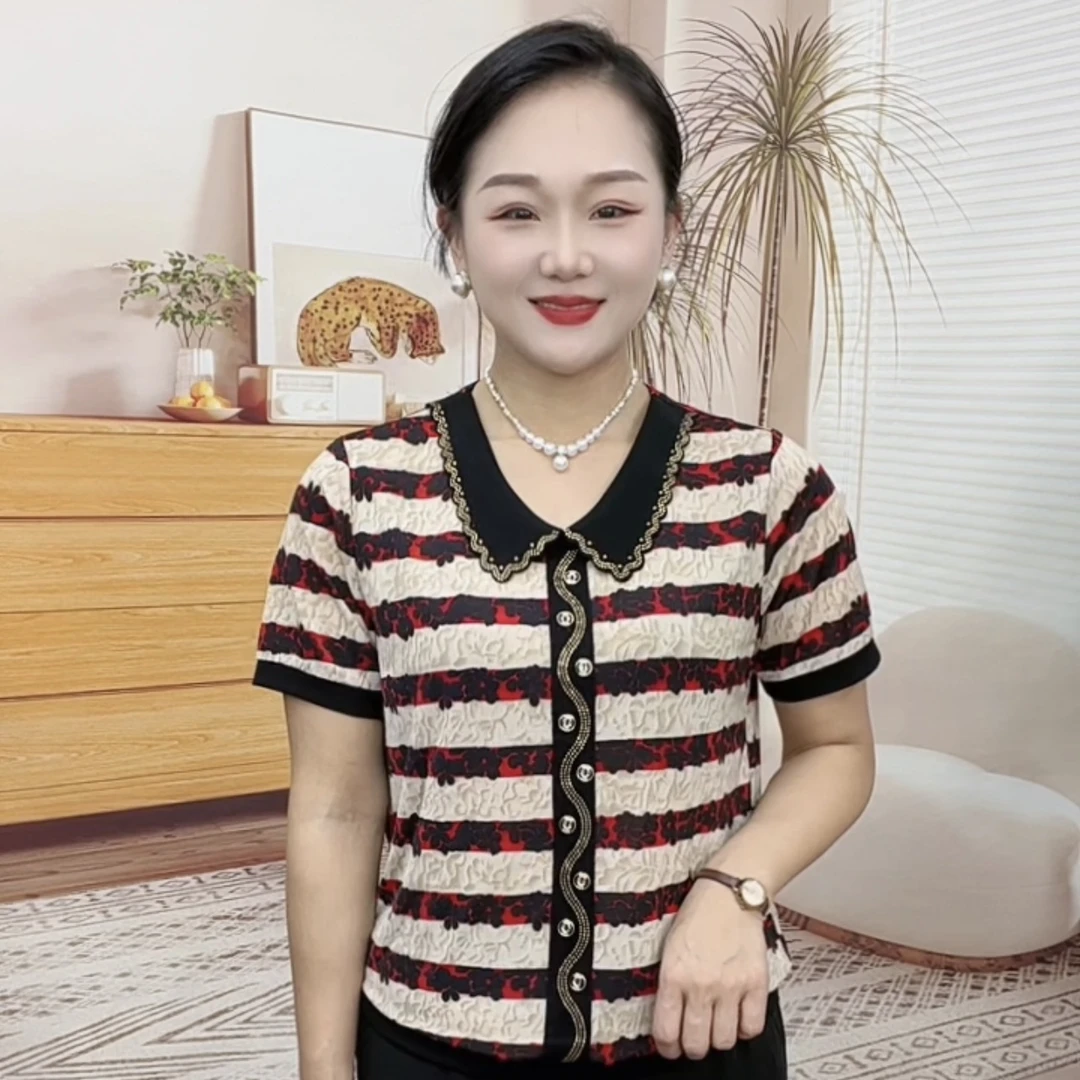 妈妈装流行条纹欧若拉时尚潮牌中老年女装宽松独特漂亮休闲短袖