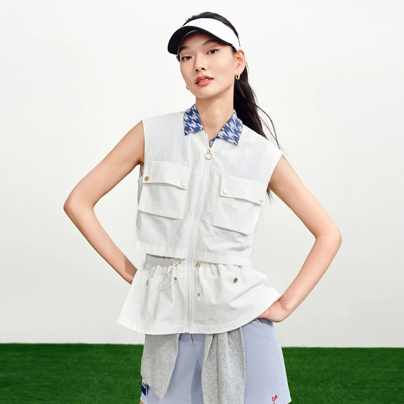 EP雅莹新款女装 复古运动风白色抽绳收腰马甲外套1020A