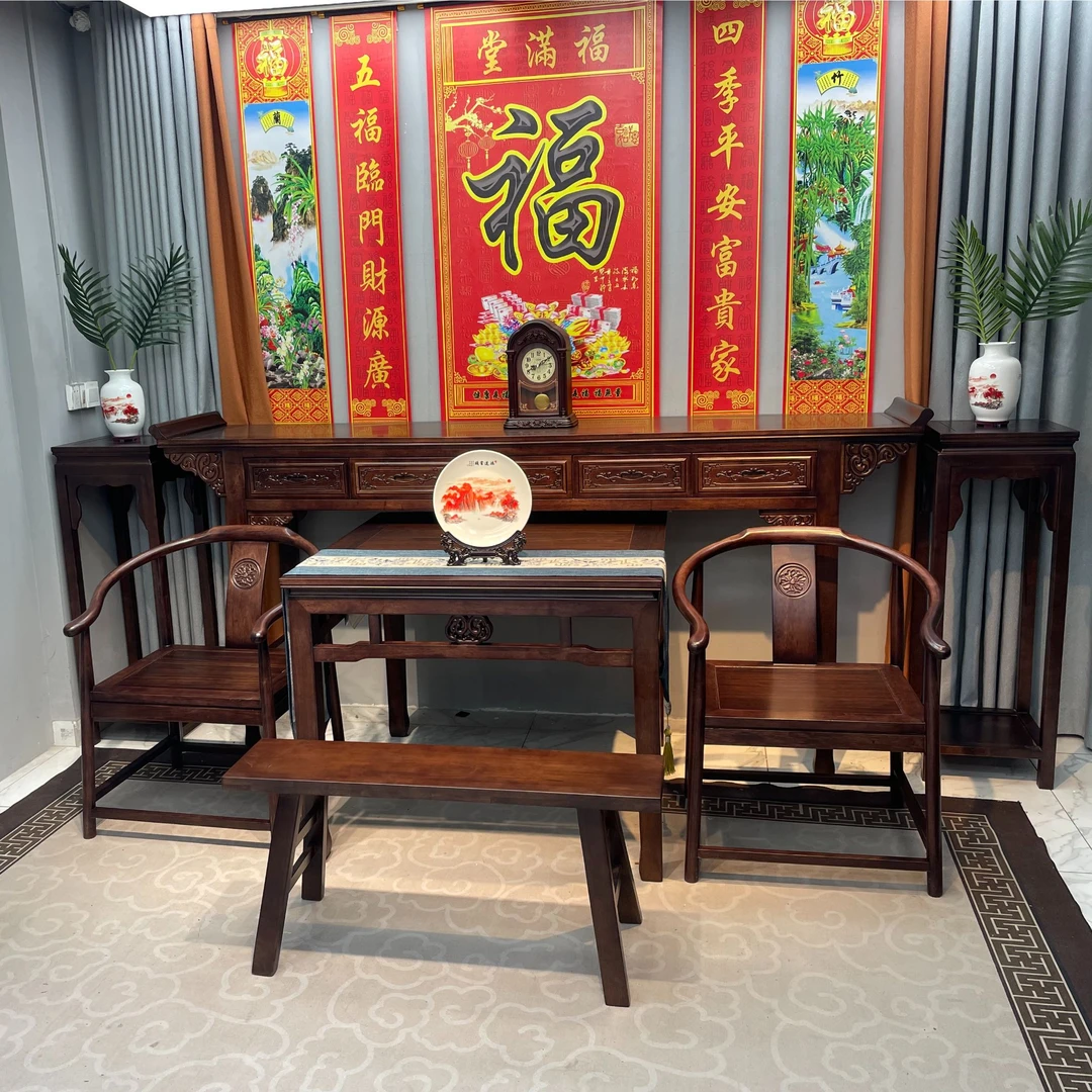 乌金木实木农村中堂六件套供桌佛台太师椅四件套八仙桌神台条案