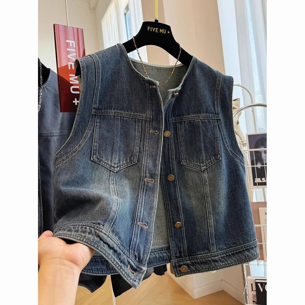 PERIKAS【大码女装】四季时髦洋气短款背心无袖牛仔马甲外套女9119