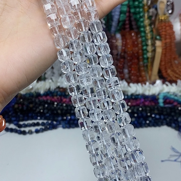 玛瑙/玉髓未镶嵌珠宝半成品天然白水晶切面方糖卡8mm一条