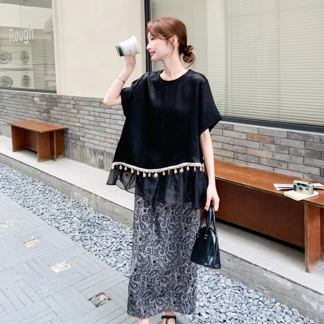 气质御姐风蕾丝拼接黑色上衣碎花半身裙套装两件套女夏法式高级感