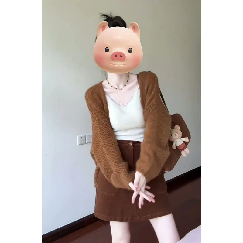 2025早秋新款女韩系穿搭宽松长袖针织开衫上衣气质高腰A字半身裙