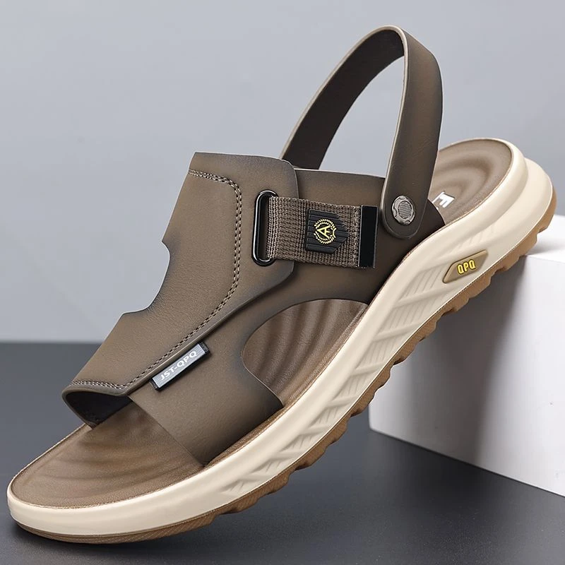 夏季软底凉鞋男真皮牛筋底沙滩鞋外穿透气开车两用凉拖鞋80506