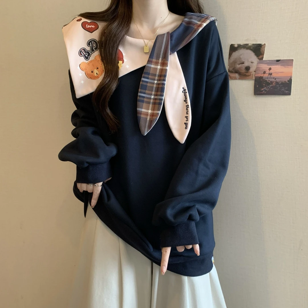 高级独特海军领长袖卫衣外套女秋季2025新款大码胖mm遮肚圆领上衣