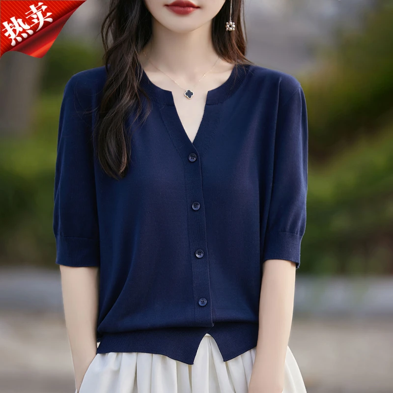 时尚品牌洋气极简风莱赛尔天丝半开领短袖针织开衫薄款小衫夏季