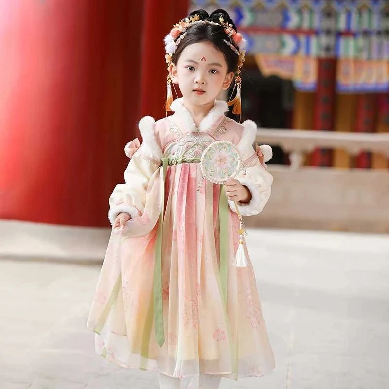 4026女童加绒汉服裙粉色古风连衣裙