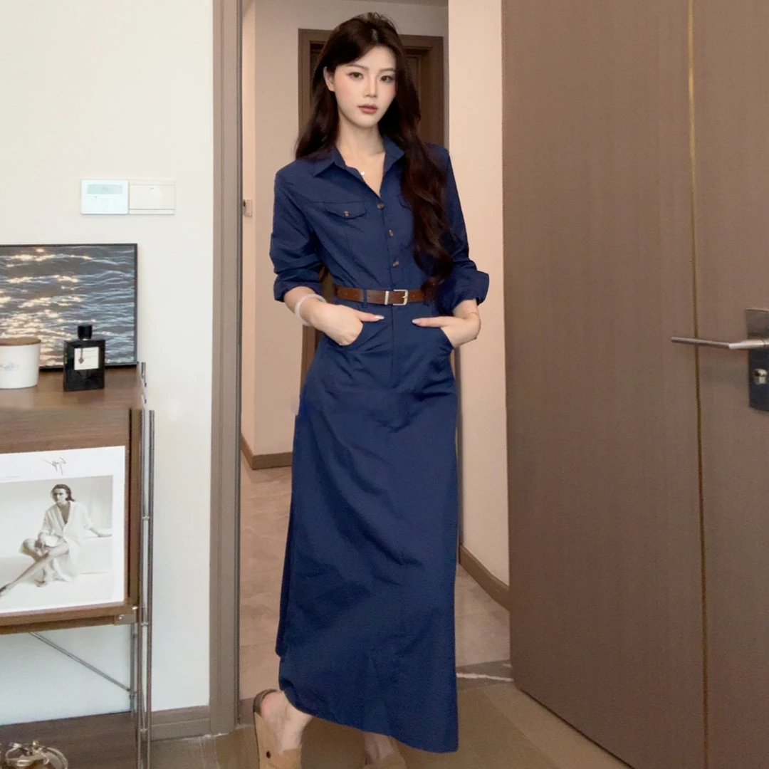 法式藏蓝色长袖衬衫连衣裙子女2025年新款早秋高级感收腰长裙7104