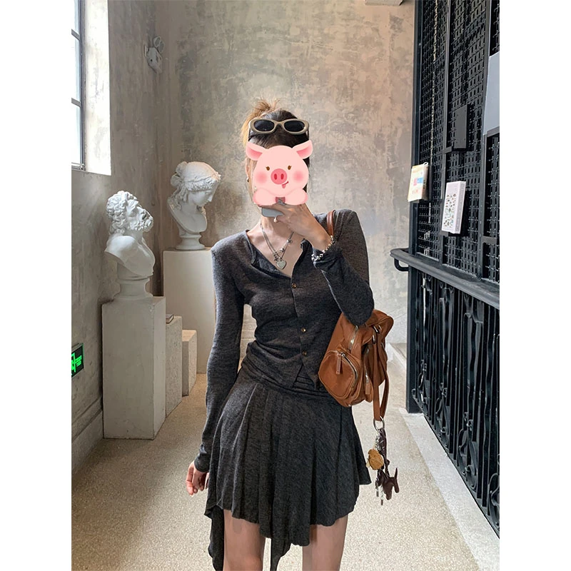 美式复古针织套装女春季学院风v领长袖开衫高腰百褶半身裙两件套