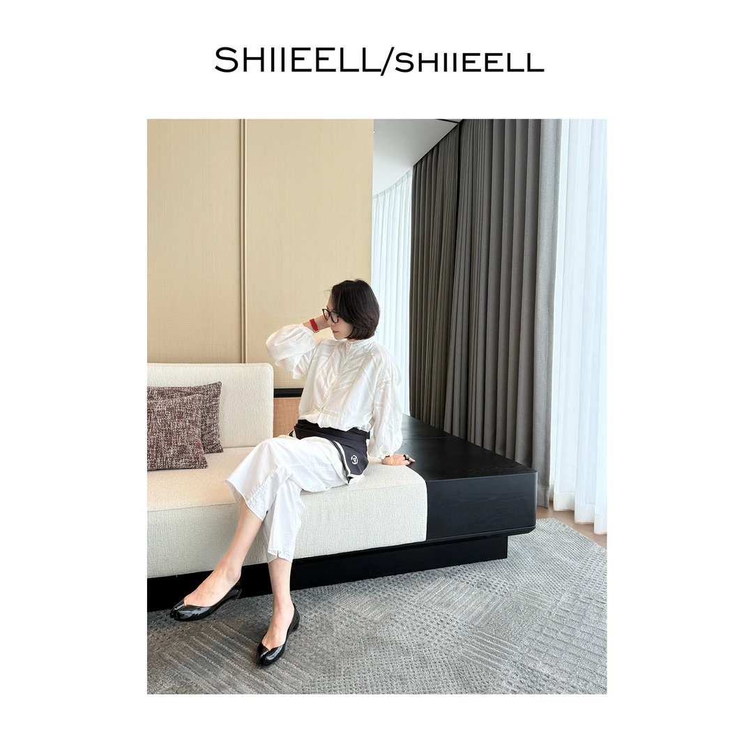 SHIIEELL老钱风气质重工拼接款棉质白色长袖连身裙W0068