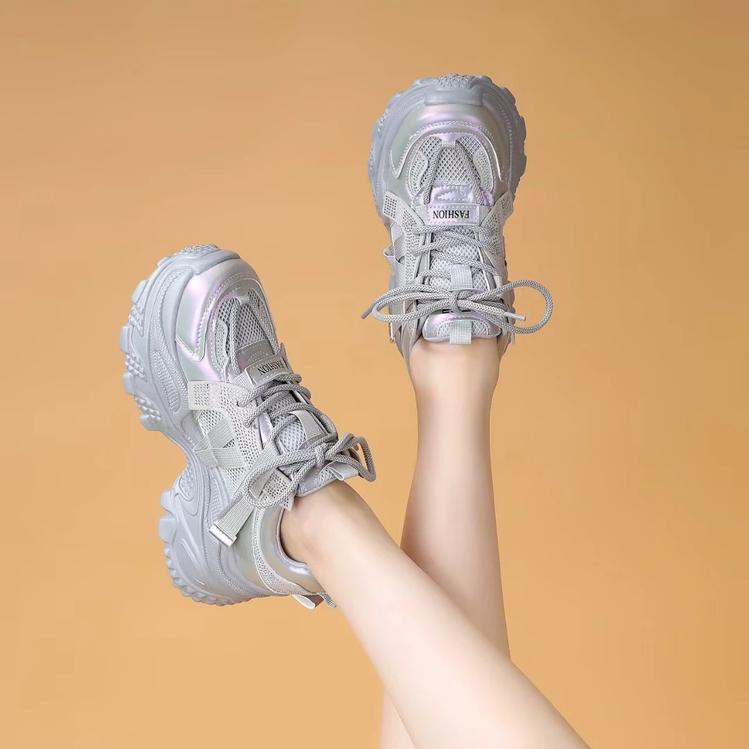 网面透气增高老爹鞋女鞋2025春季新款炫彩水钻厚底松糕运动休闲鞋