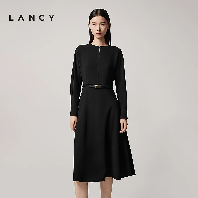 LANCY 【三醋酸】/朗姿2025秋季新款气质高级感长袖收腰A字连衣裙
