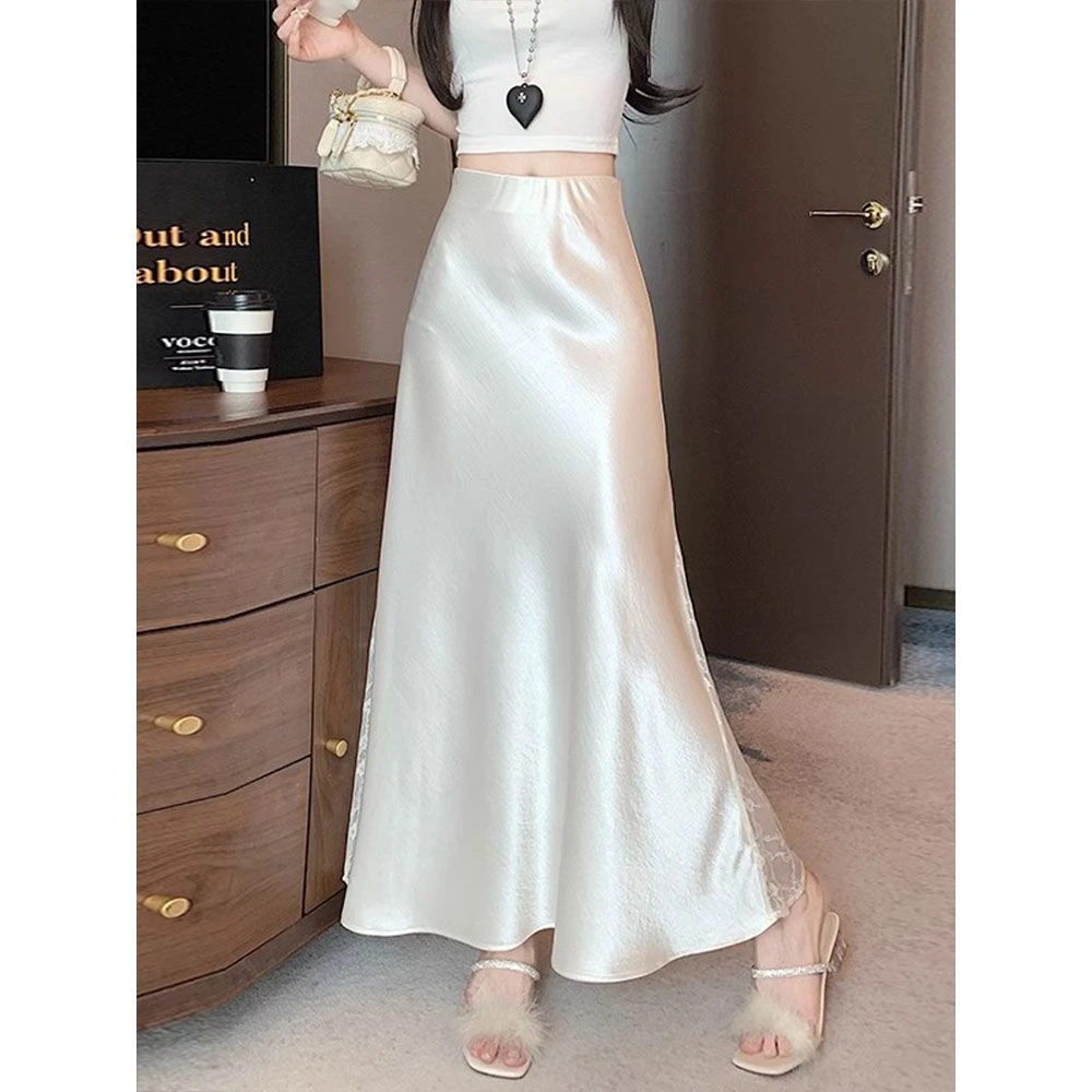 【现货】杏色醋酸缎面半身裙女装夏季新款高腰蕾丝拼接鱼尾裙a字裙