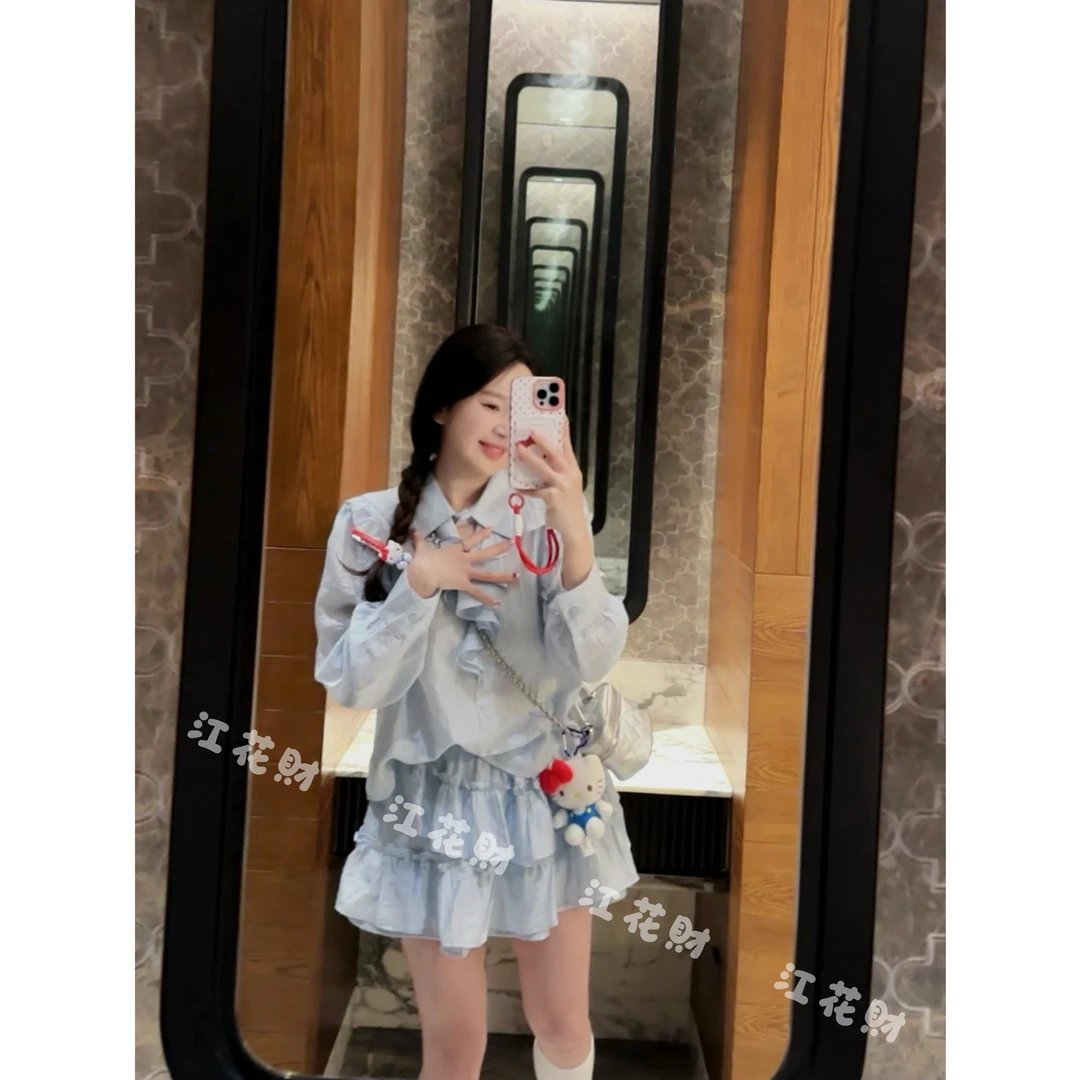 韩系重工荷叶边系扣polo领甜美长袖衬衫+显瘦半身短裙套装