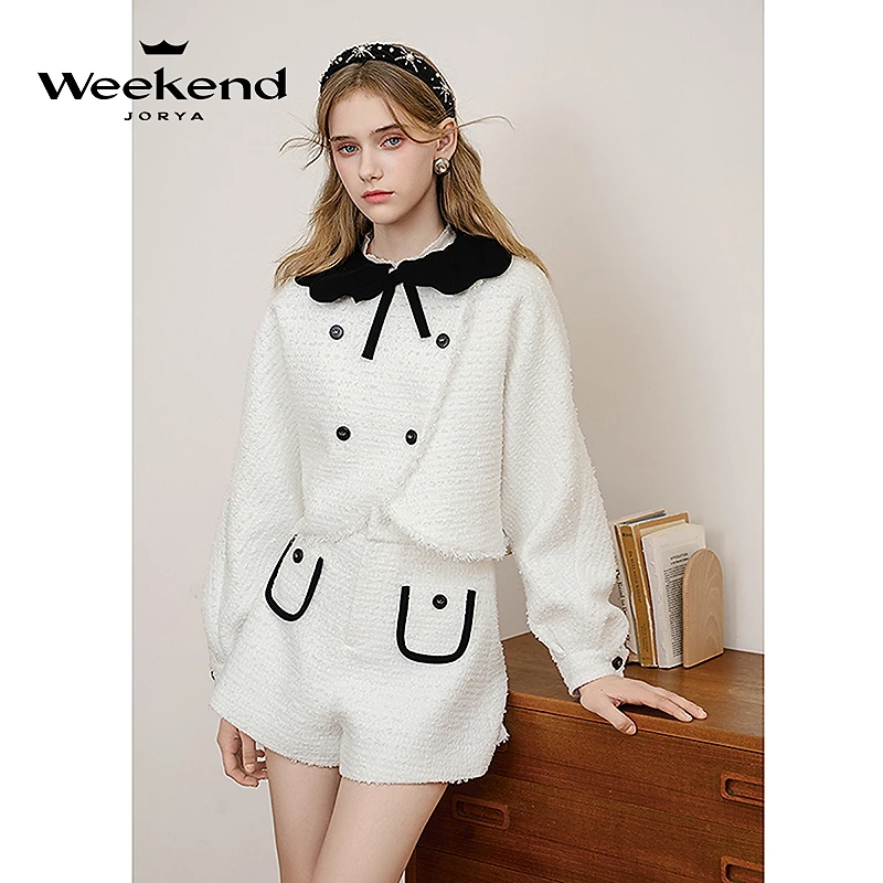 卓雅周末冬季新款娃娃领蝴蝶结双排扣流苏小香风短外套Q260116A