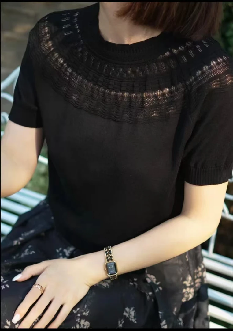 2025夏季新款蕾丝女士百搭修身洋气针织衫显瘦
