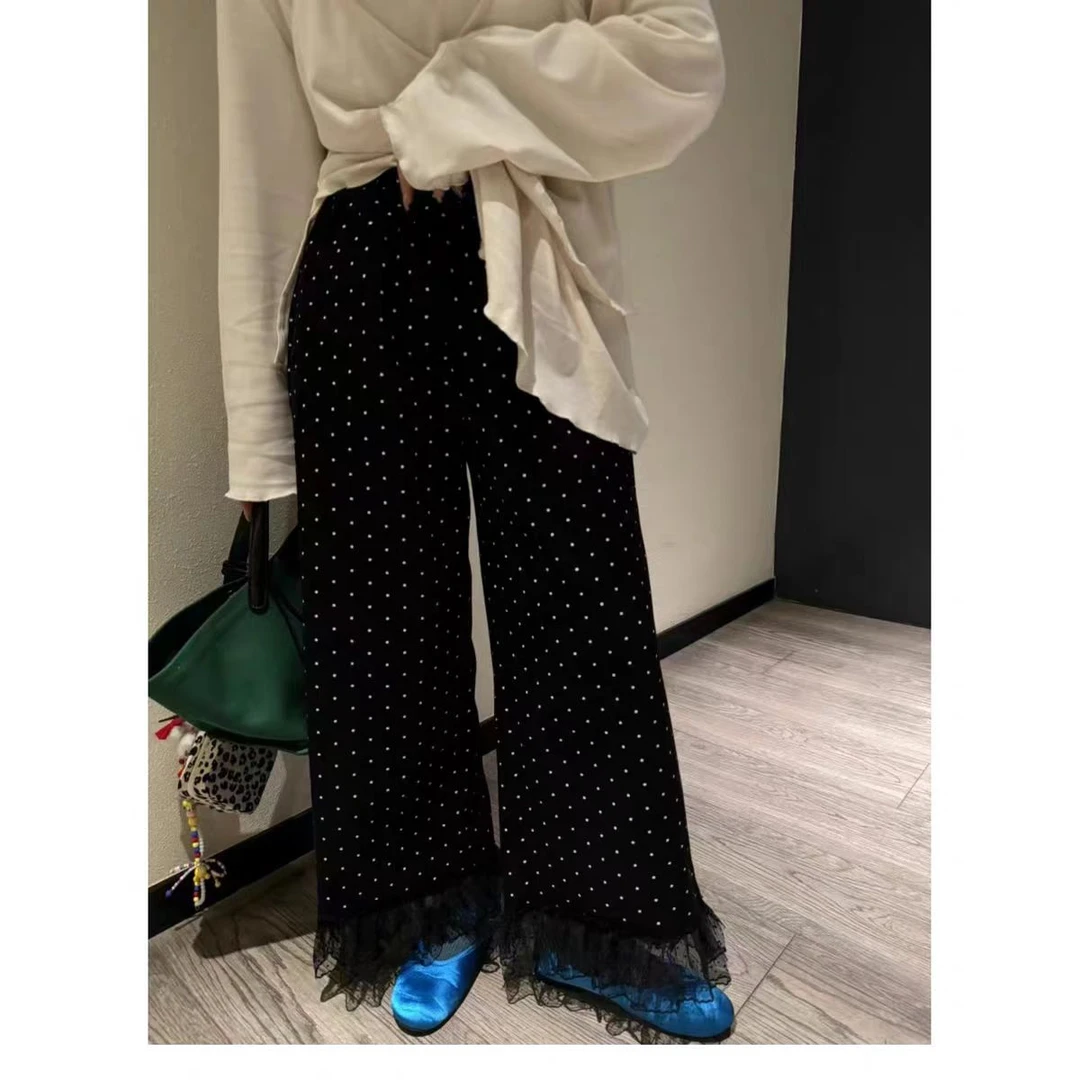 话里蕾丝拼接波点毛呢加绒裤子冬季新款韩版百搭宽松显瘦直筒长裤