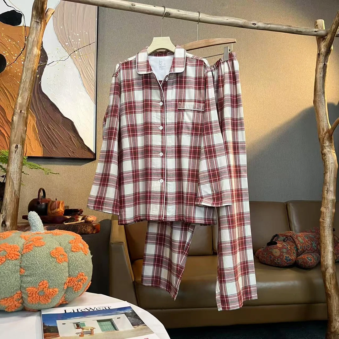 【隐叙原创】YX0531春季新款纯棉舒适磨毛睡衣长袖家居服套装女