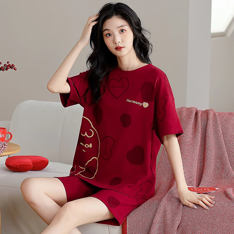 红色本命年睡衣女夏季短袖纯棉喜庆结婚2025新款可爱风家居服蛇年