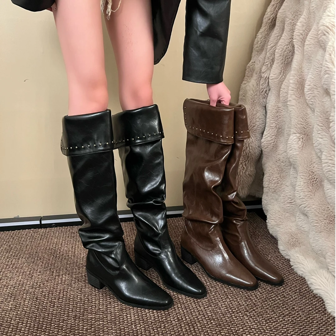 粗跟6cm铆钉时装靴高级感小个子高筒长靴子女不过膝高跟骑士靴子
