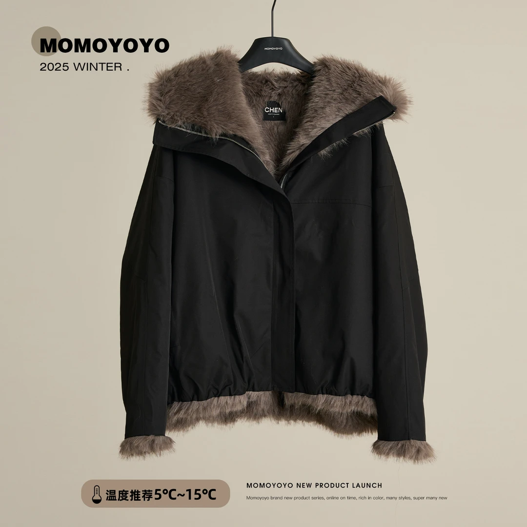 辰辰妈【雪山派克】环保皮草连帽派克服女百搭宽松保暖外套8546DM