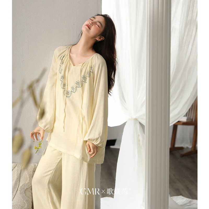 竹纤维棉纱长袖秋季抑菌薄款睡衣纯欲慵懒风大码可外穿休闲家居服