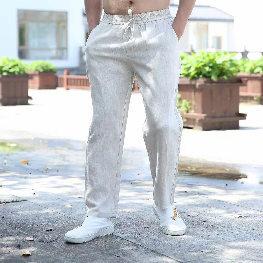 新款薄款亚麻夏季长裤子男裤100%纯亚麻唐装男士套装直筒阔腿裤