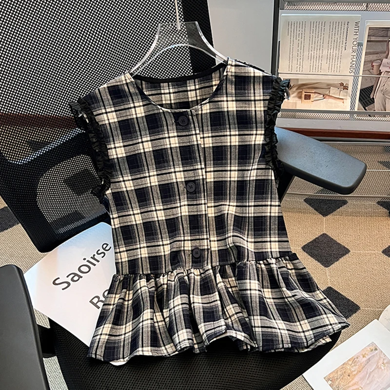 高级感格子圆领无袖衬衫女装夏季新款设计感洋气显瘦上衣复古小衫