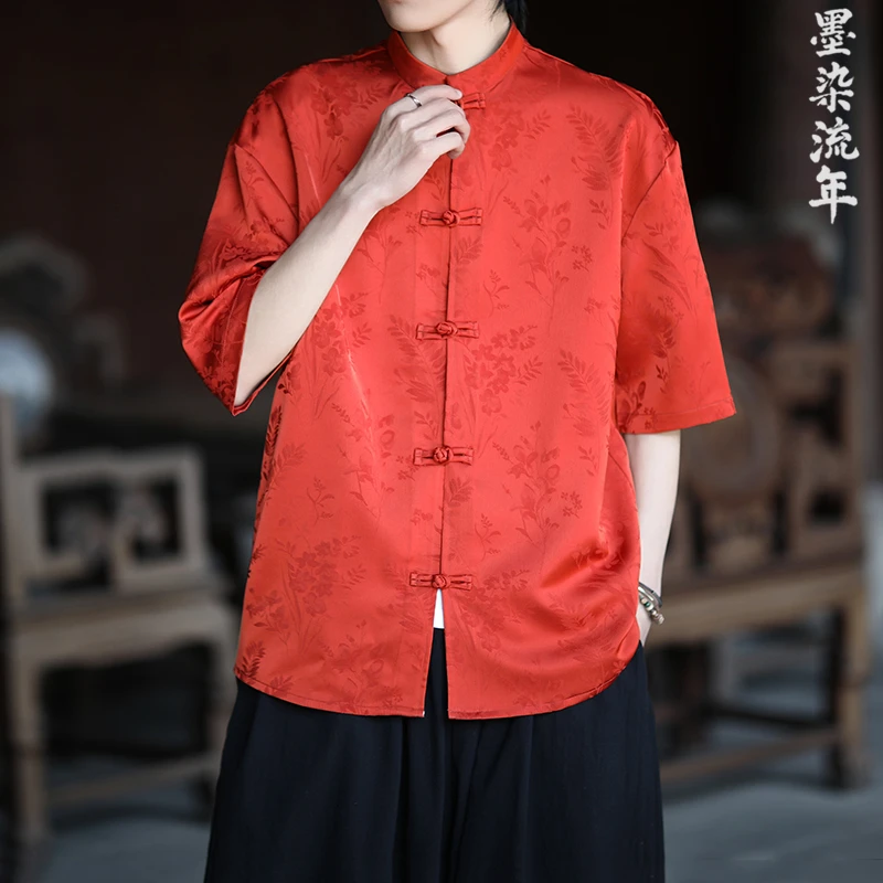 大码宽松锦缎提花冰丝短袖衬衫夏季中国风立领唐装小众设计感衬衣