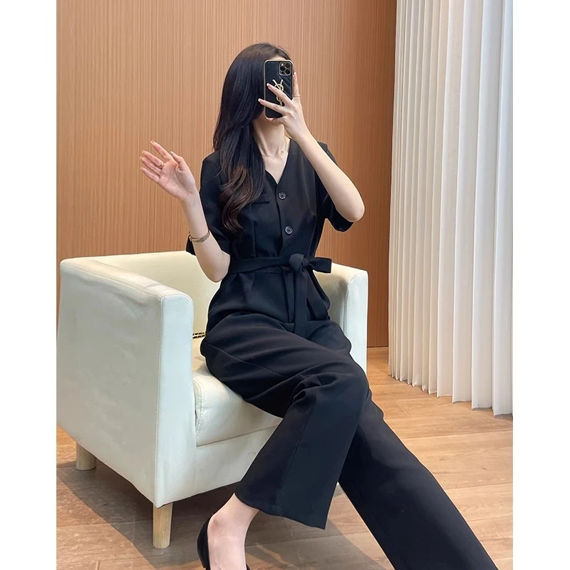 2025夏季新款高级感收腰黑色连体裤女韩版高腰显瘦V领阔腿连衣裤
