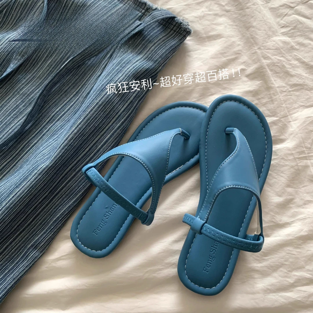 时尚法式罗威蓝~INS夹趾复古罗马凉鞋女下平底度假沙滩休闲人字拖