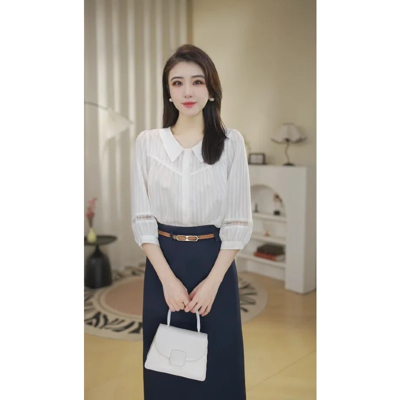 【春兰专属】8492419女中袖新款设计上衣时尚气质显瘦白色衬衣曼贝