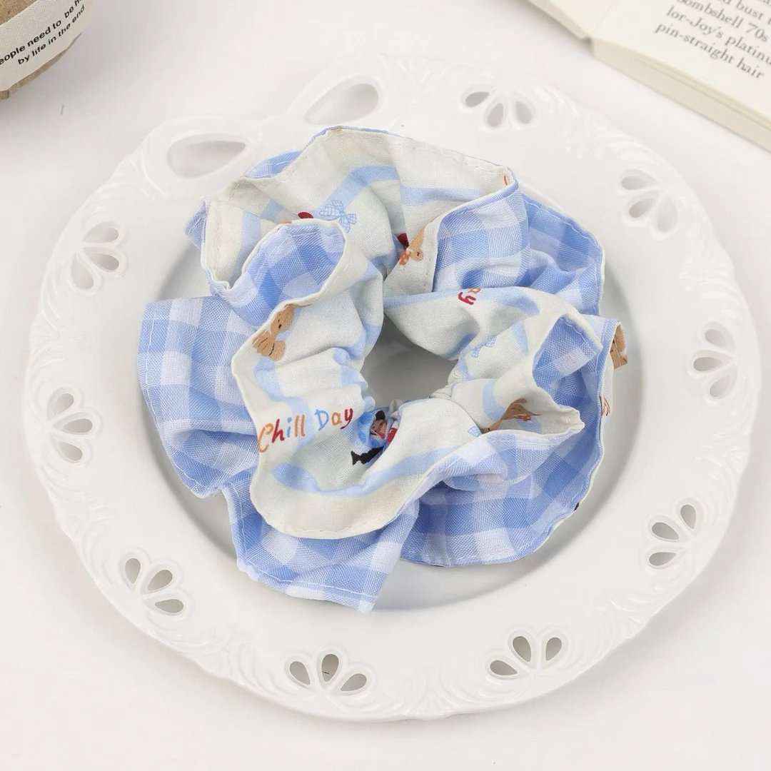 童话小熊韩系蓝色格子大肠发圈小众设计可爱少女头绳丸子头发饰