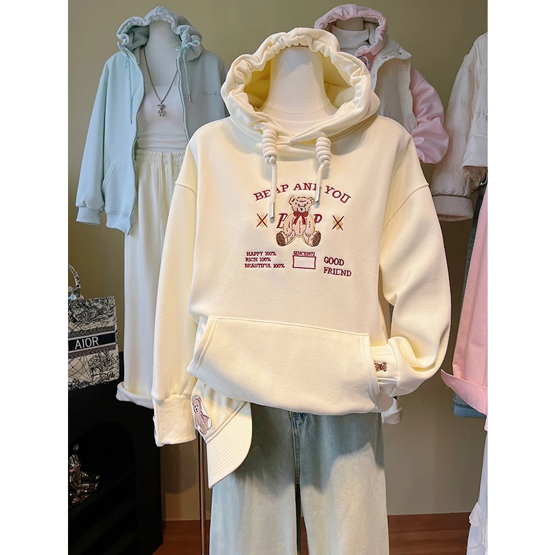 春秋可爱小熊刺绣连帽美式上衣2026新款爆款小众情侣外套宽松卫衣