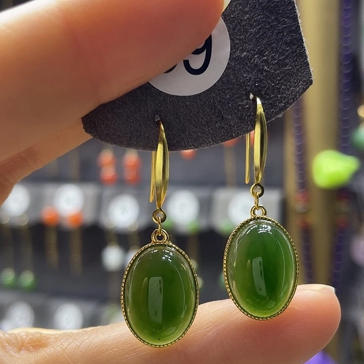 和田玉银S925镀金镶嵌耳饰