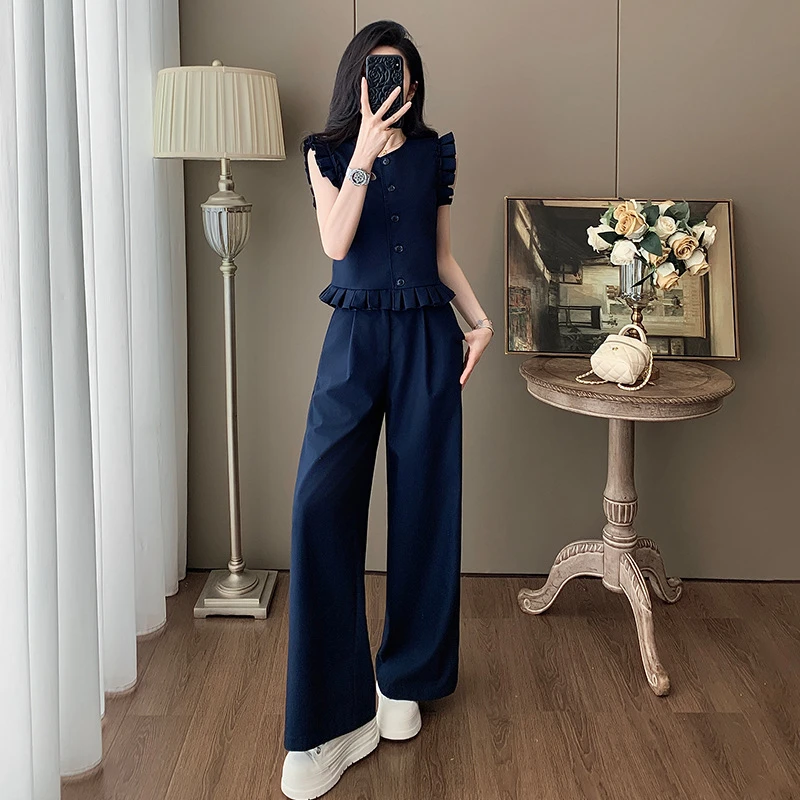 2025夏爆款气质韩版时尚套装女洋气减龄蓝色无袖上衣阔腿裤两件套