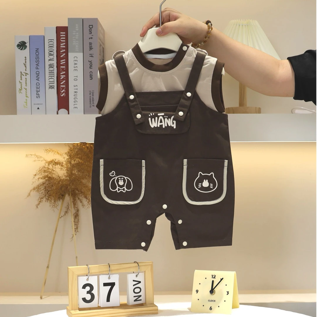 婴幼儿夏季短袖背带裤套装初生宝宝卡通t桖背带短裤两件套外出服