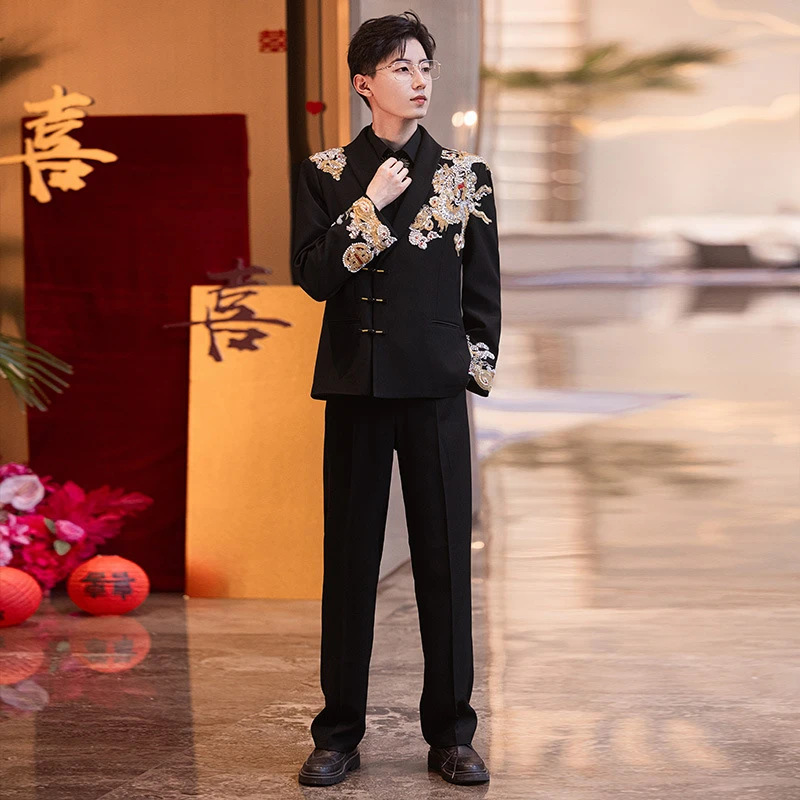 新中式立领西装男士修身结婚礼服休闲套装正装中山装西服秋冬青年