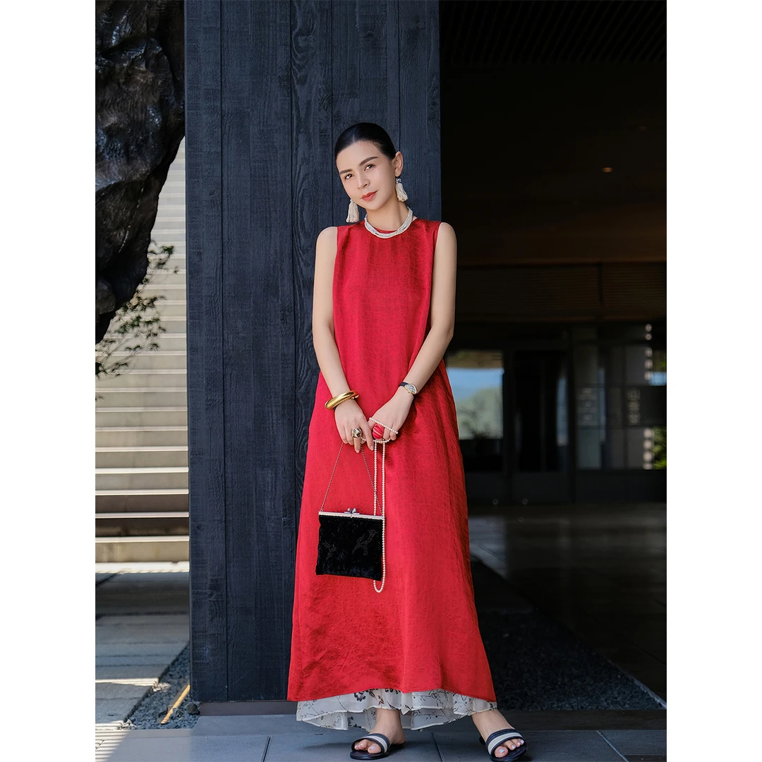 麻霖25姆米100%桑蚕丝龟裂纹缎面香云纱文艺休闲清凉无袖连衣裙