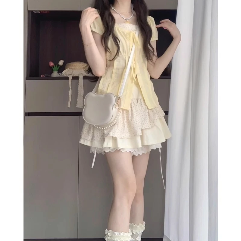 爆温柔甜妹奶乖穿搭套装裙女夏假两件收腰衬衫碎花百褶短裙子两件