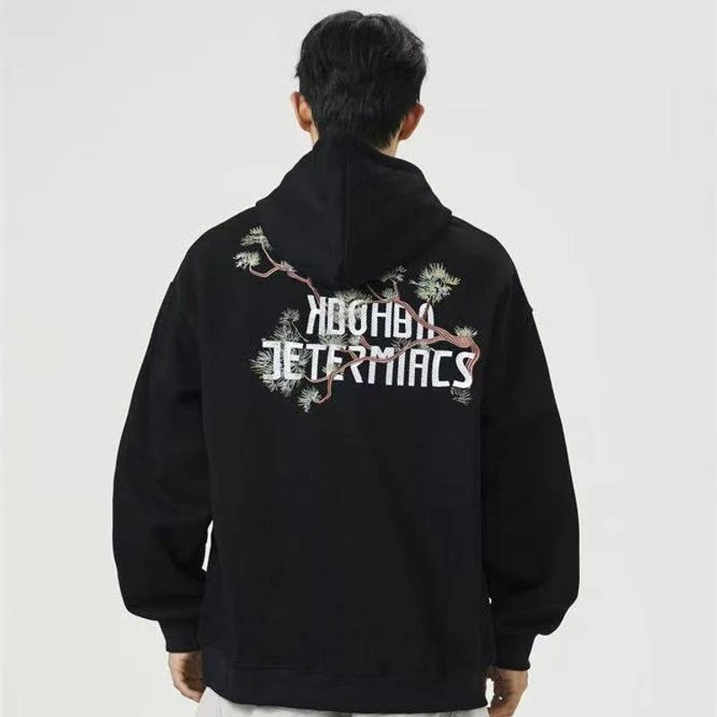 美式国潮复古刺绣连帽卫衣印花情侣小众设计情侣秋冬男女外套上衣