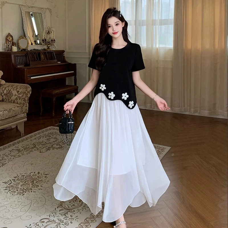 MZ062大码女装2025夏装新款设计感花朵不规则短袖上衣显瘦半身裙