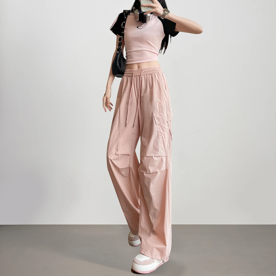 粉色美式工装裤女款酷飒风小个子设计感伞兵裤秋季纯棉直筒登山裤