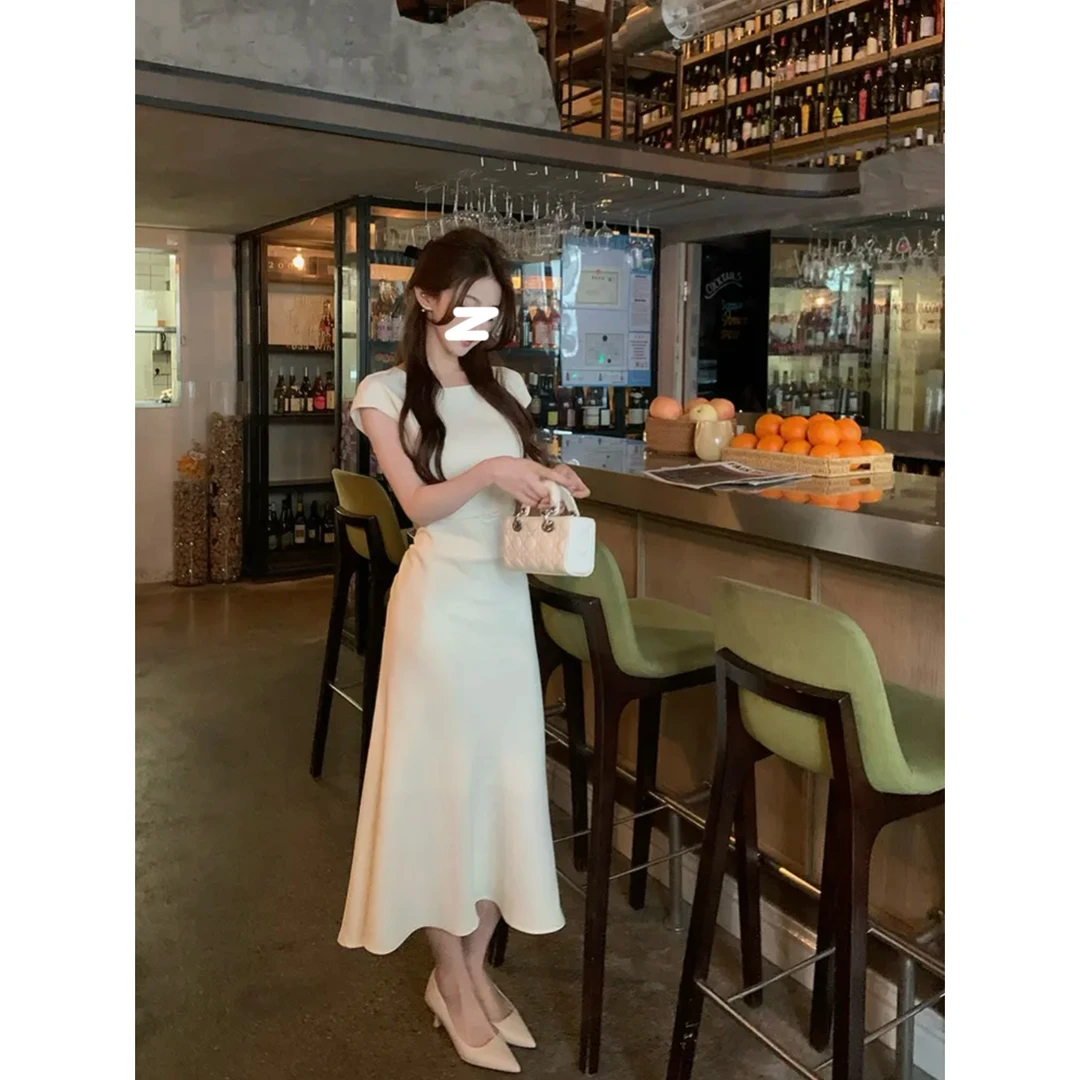 气质白色收腰显瘦鱼尾长裙女夏季修身中长款连衣裙#YWYR943-1