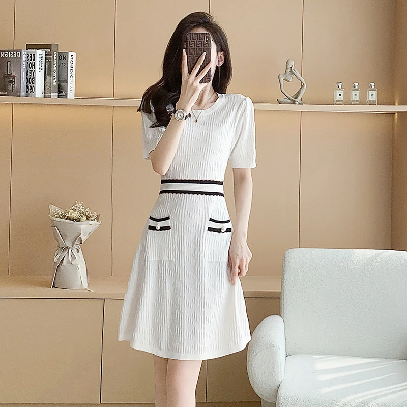 小香风冰丝针织连衣裙女夏季广州十三行新款白色短袖高腰A字裙子