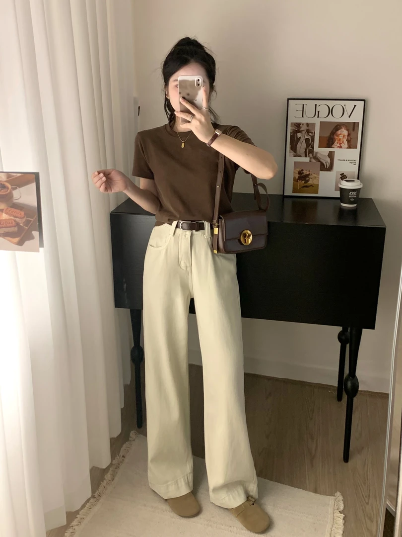 运补小个子春秋新款杏色显瘦遮胯修身窄版直筒阔腿裤直筒裤九分